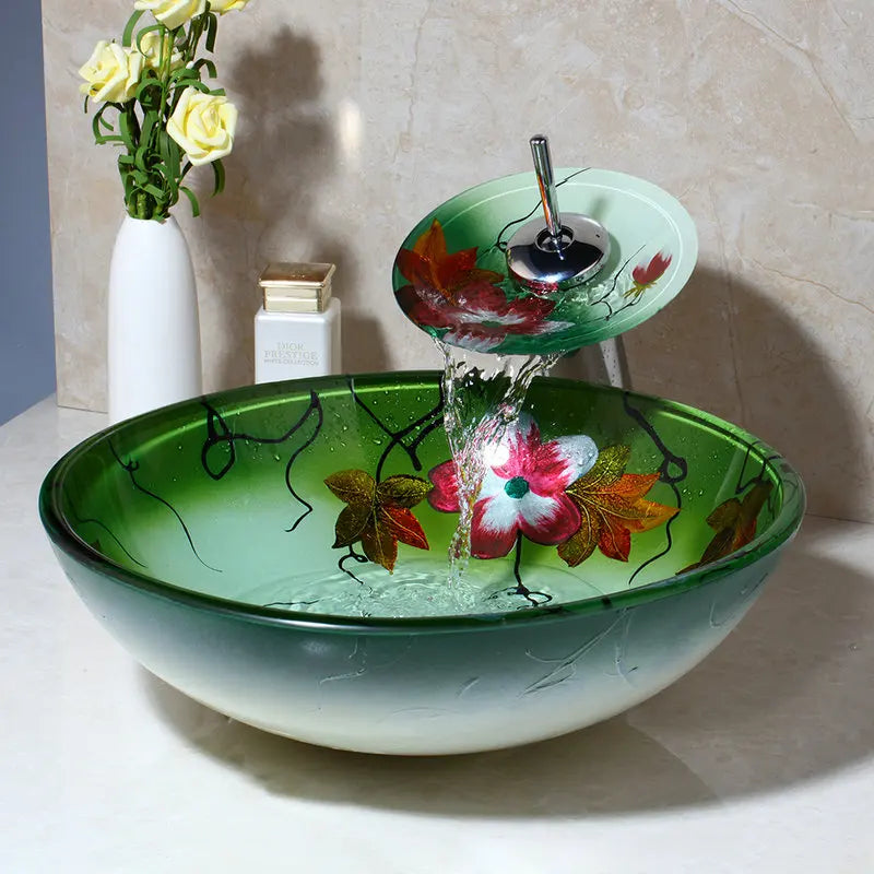 Afralia™ Waterfall Basin Tap & Glass Hand-Painted Lavatory Sink Set with Flower Painting