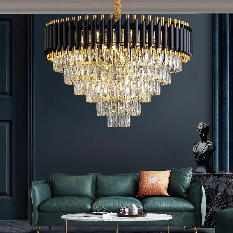 Afralia™ Black Gold Metal LED Chandelier Living Room Dining Modern Lustre Crystal Hanging Lamp