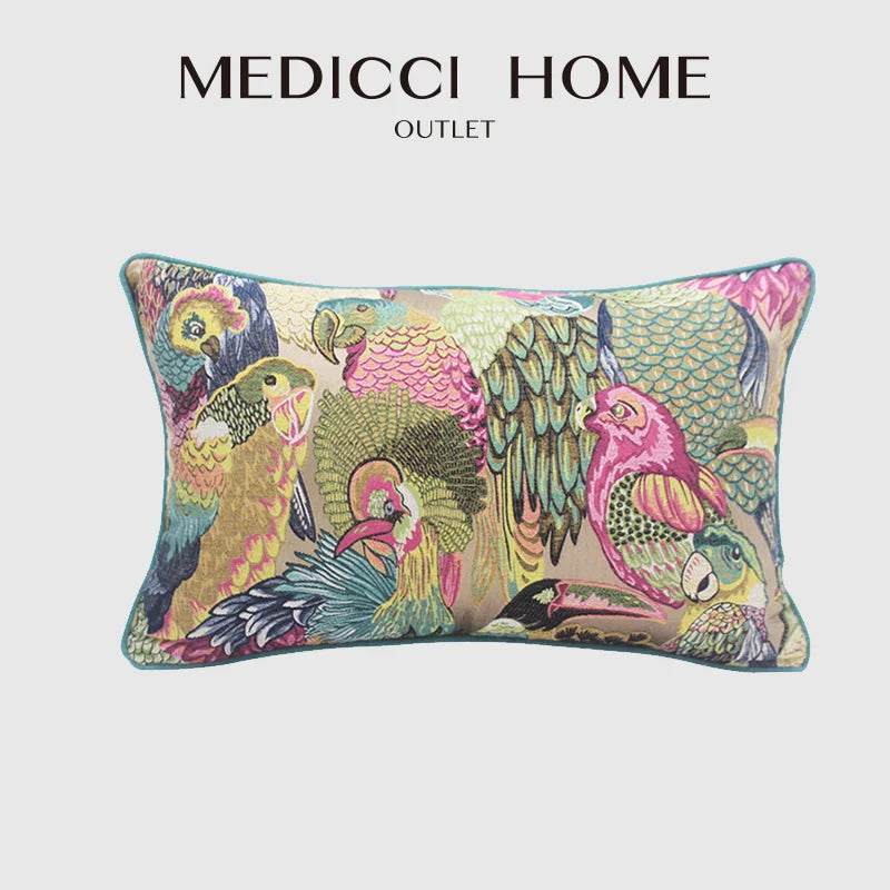 Afralia™ Neoclassical Parrot Flowers Embroidery Lumbar Pillow Cover 30x50cm