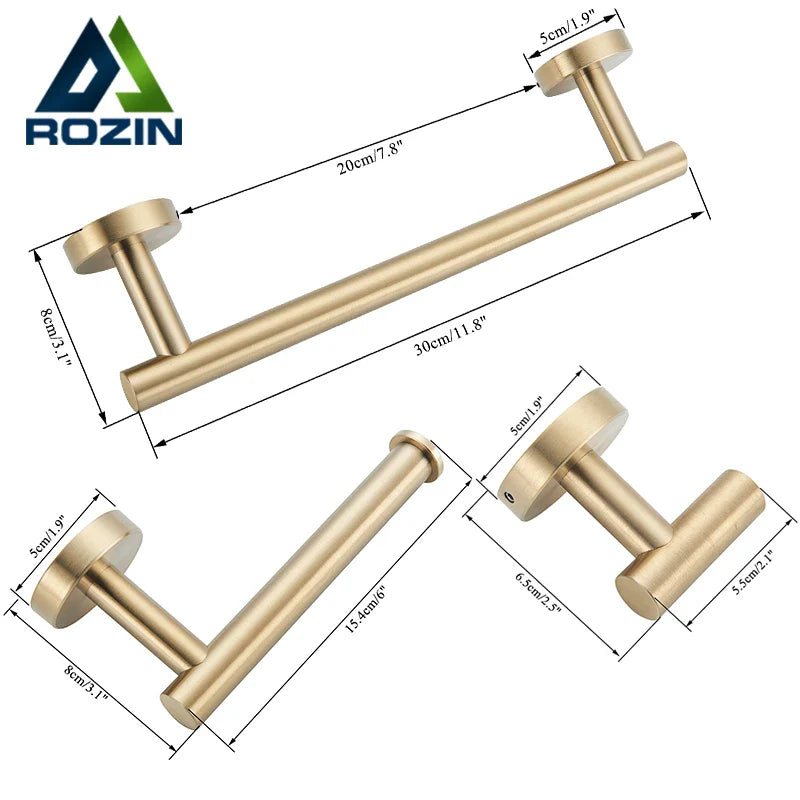 Afralia™ Brushed Gold Stainless Steel Bathroom Accessories Set - Towel Bar, Toilet Paper Holder, Hooks