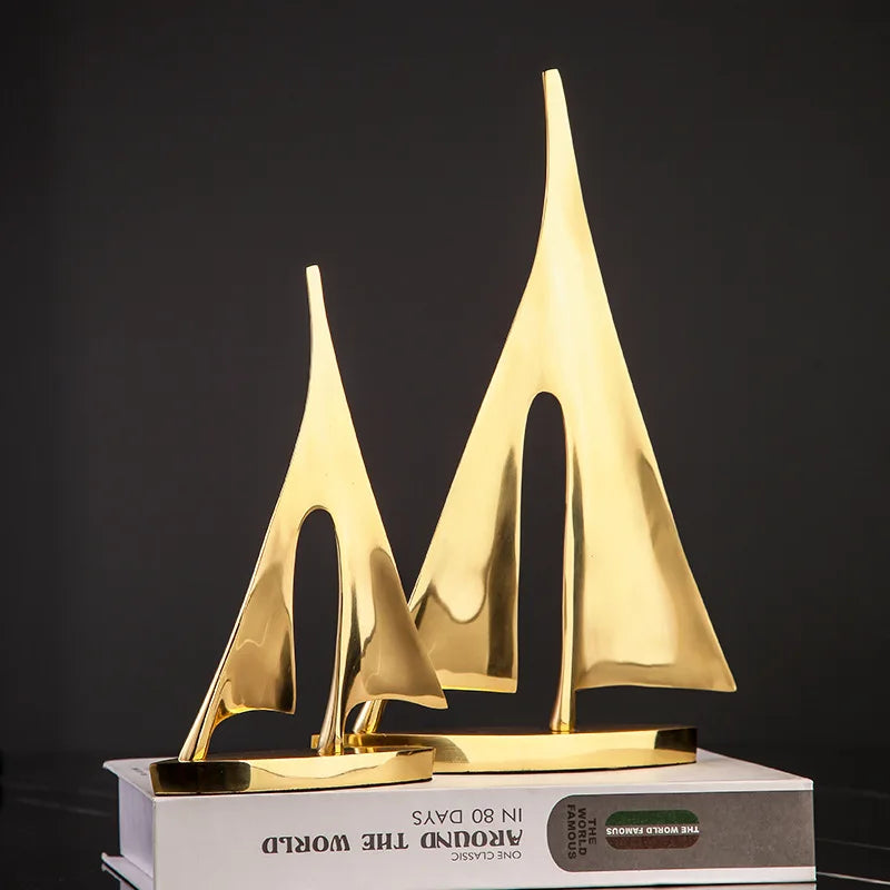 Afralia™ Copper Golden Sailboat Sculpture - Abstract Geometric Metal Home Decor