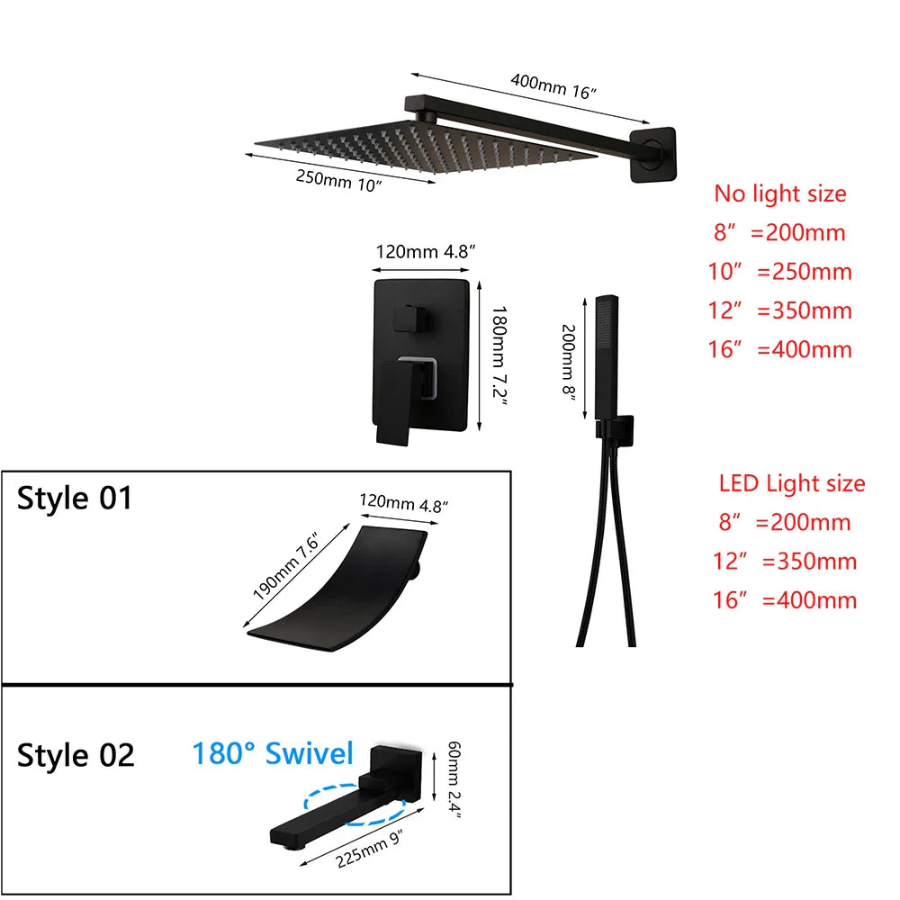 Afralia™ 8/16 Inch Matte Black LED Rainfall Shower Faucet Set