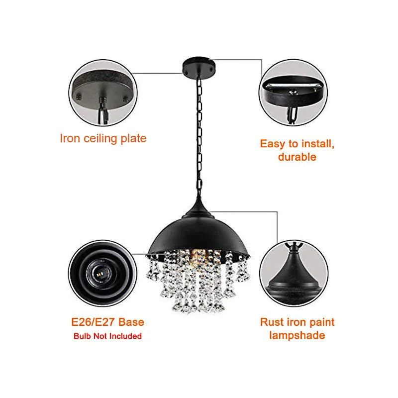Afralia™ Industrial Vintage Iron Crystal Pendant Chandelier for Restaurant Cafe Kitchen