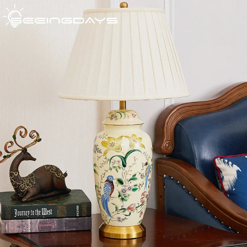 Afralia™ Country Flower Bird Ceramic Table Lamp Modern Simple Retro Bedroom Bedside