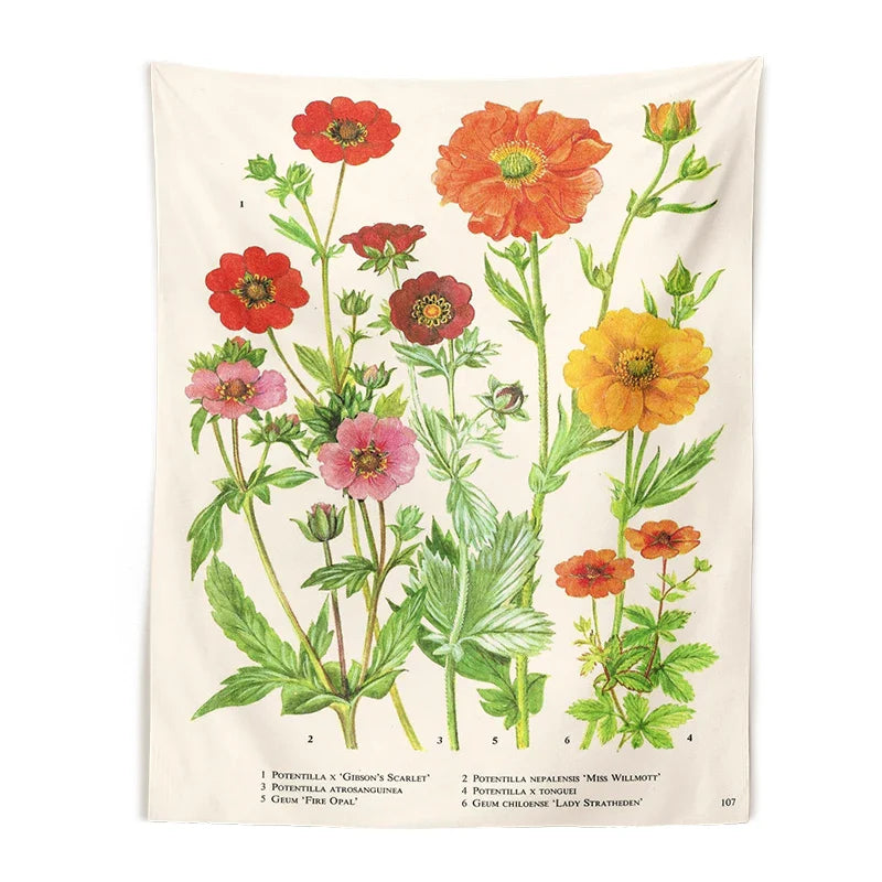 Afralia™ Botanical Flower Print Tapestry Wall Hanging - Vintage Nature Potentilla Decor