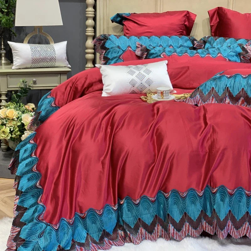 Afralia™ Red 1000TC Egyptian Cotton Lace Bedding Set - Duvet Cover & Pillowcases