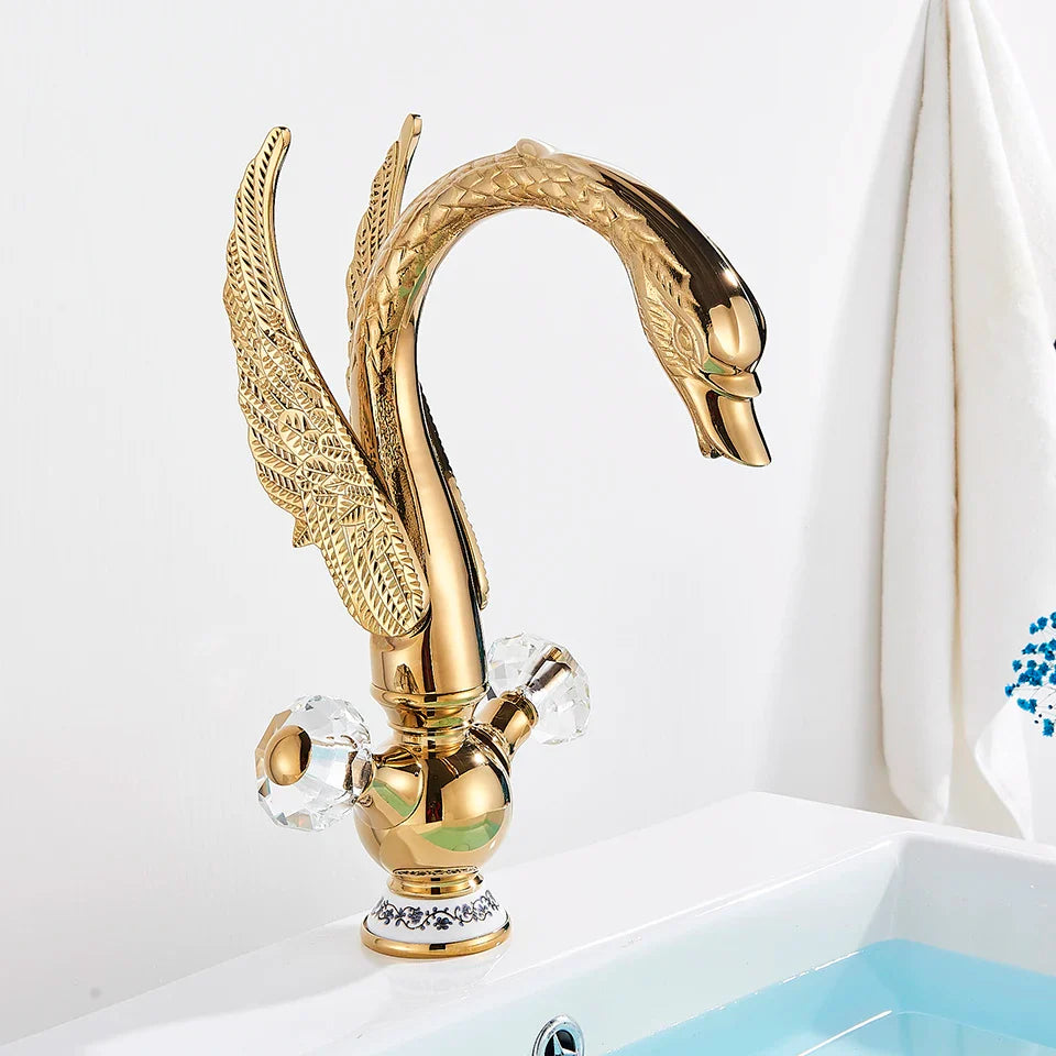 Afralia™ Gold Swan Basin Faucet: Deck Mounted Bathroom Mixer Tap with Hot and Cold Water