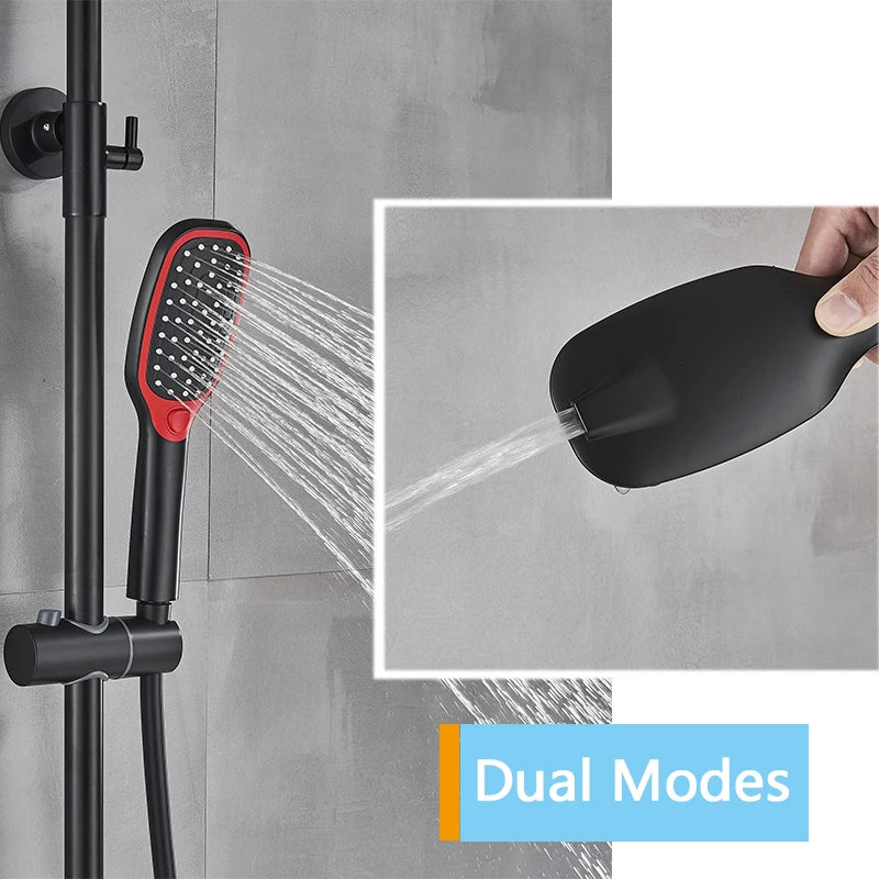 Afralia™ Matte Black Thermostatic Shower Faucet Red Black Dual Mode Hand Rainfall Mixer