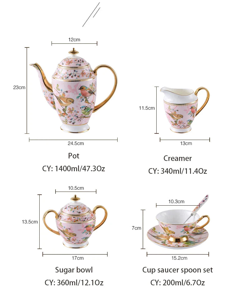 Afralia™ Pink Bird Bone China Tea & Coffee Set with Teapot, Cup, and Jug