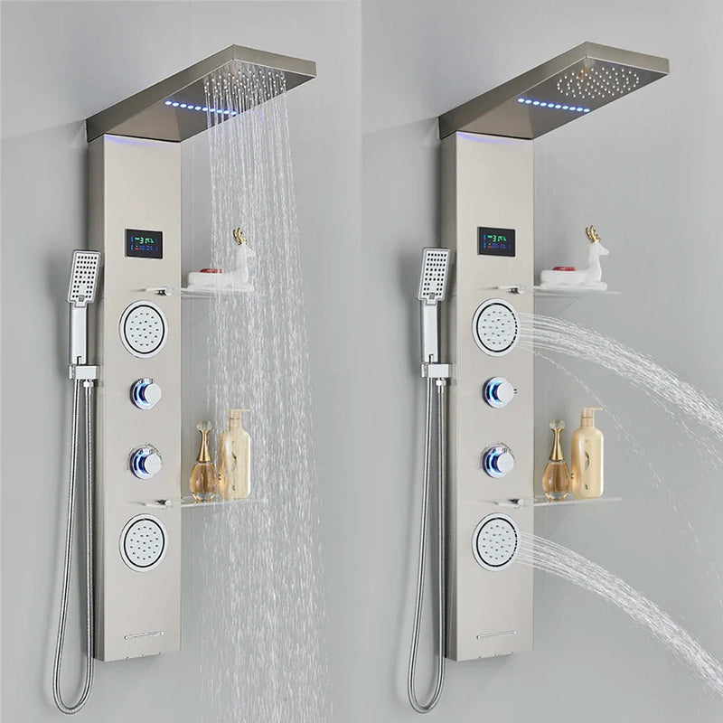 Afralia™ LED Brushed Nickel Shower Panel Set with Temperature Screen