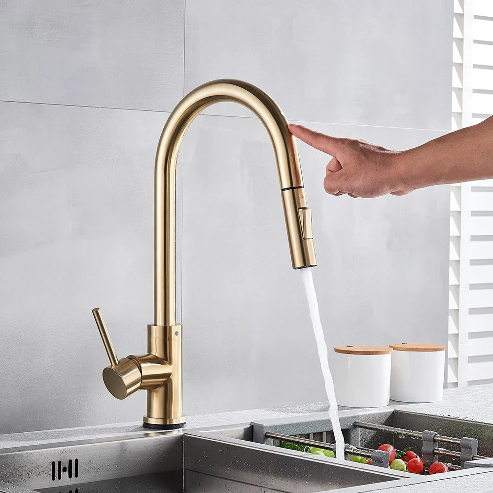 Afralia™ Brushed Gold Smart Touch Kitchen Faucet Dual Outlet Water Modes