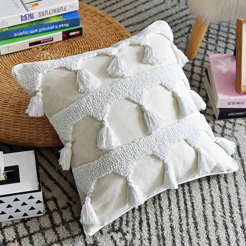 Afralia™ Ivory Tufted Tassel Cushion Cover - Netural Boho Style for Home Decor