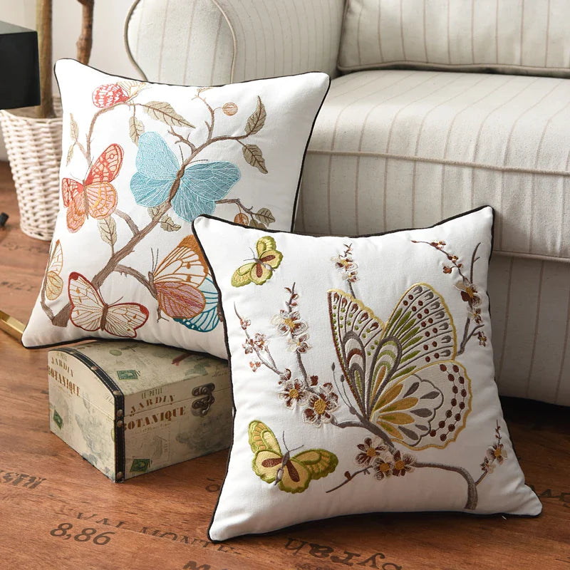 Afralia™ Butterfly Floral Cotton Embroidered Pillow Cover 45x45cm Home Decor Square