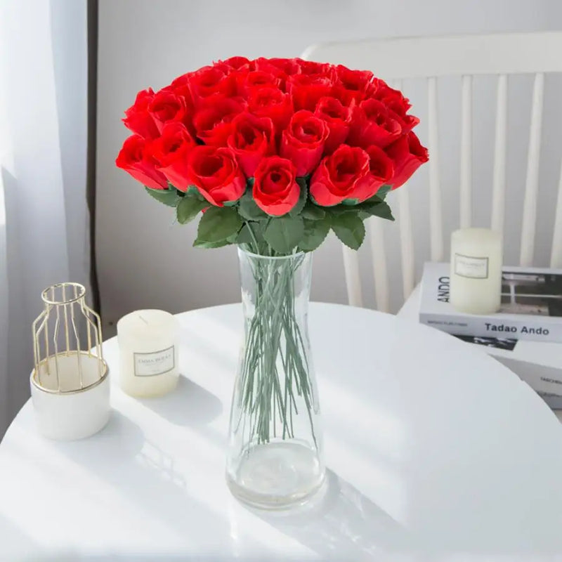 Afralia™ Red Silk Roses Bouquet Vase - Home Garden Wedding Decor Fake Flowers Bouquet