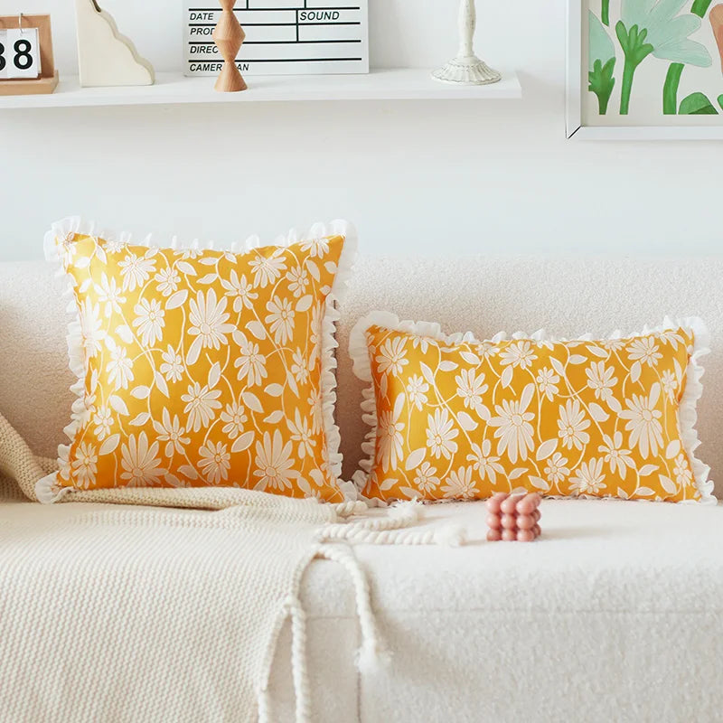 Floral Embroidery Yellow White Fringed Pillow Cover 45x45cm/30x50cm Afralia™ for Living Room Bed