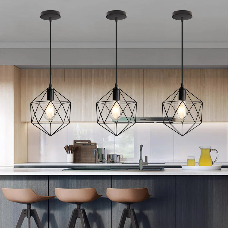 Afralia™ Vintage Industrial Chandelier Lamp, Black Iron Pendant Light for Kitchen Bedroom