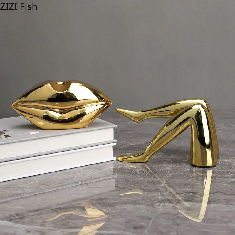 Afralia™ Gilded Lips & Leg Resin Figurines Sculpture for Modern Home Decor