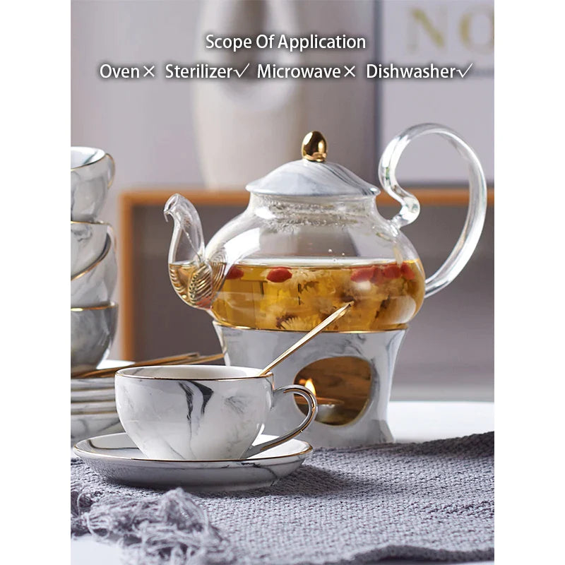 Afralia™ Nordic Marbling Porcelain Tea Set Tea Pot Teacup Coffee Cup Teaware Set