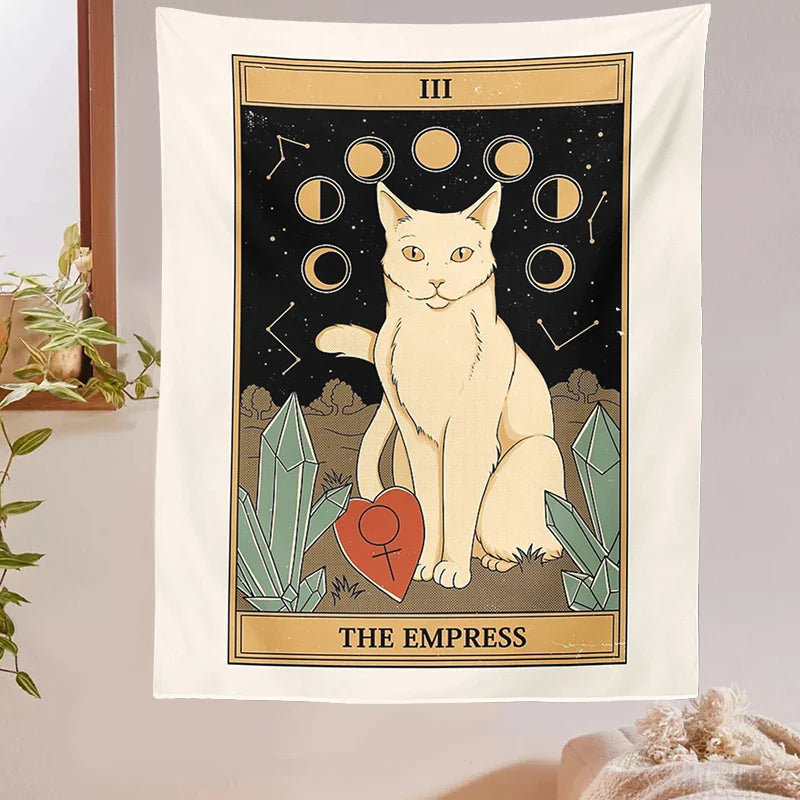 Afralia™ Cat Divination Tarot Card Tapestry Moon Phase Wall Hanging Décor