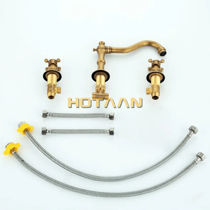 Afralia™ Antique Brass Basin Mixer Tap with Dual Handles, Deck Mounted Kitchen Faucet