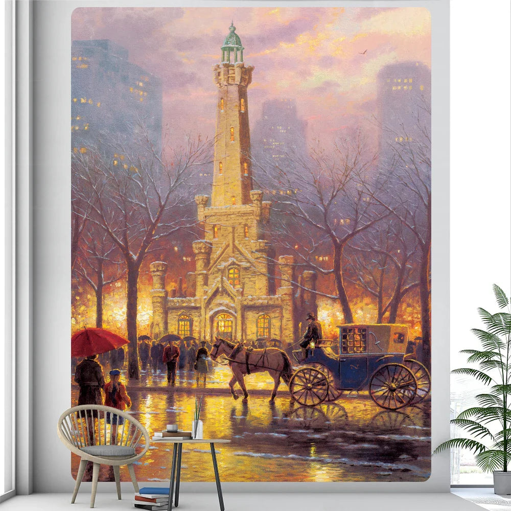 Afralia™ Forest Fairy Tale Cottage Oil Painting Tapestry Wall Hanging