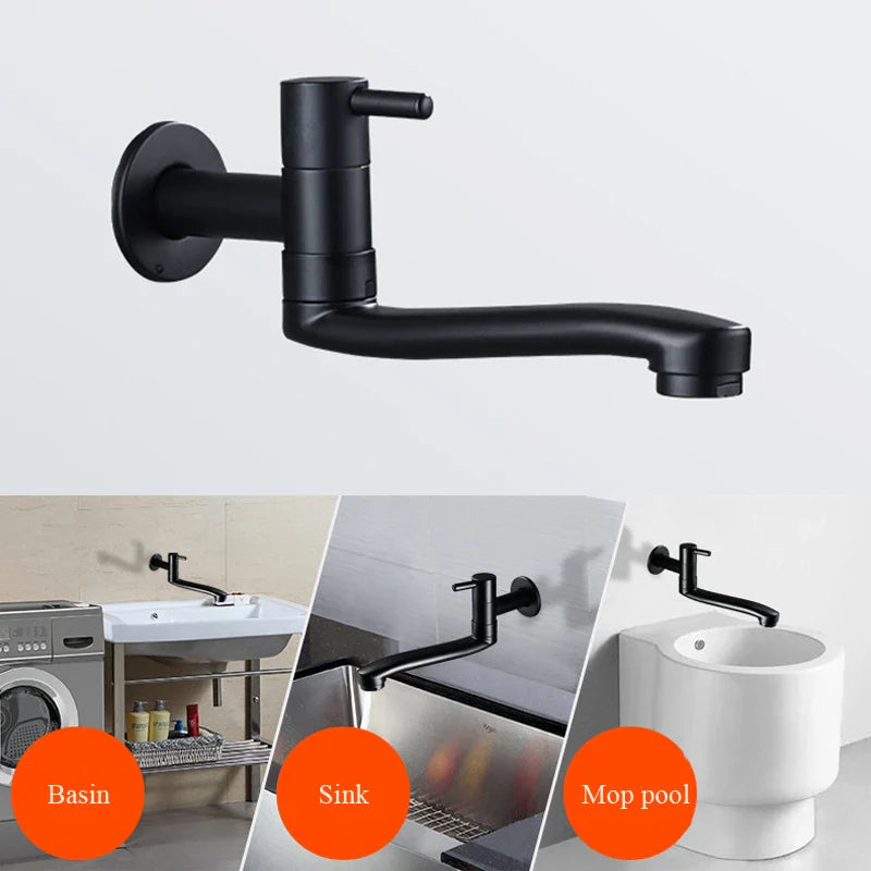 Afralia™ Black Stainless Steel Swivel Kitchen Faucet 360 Degree Rotation Wall Mounted