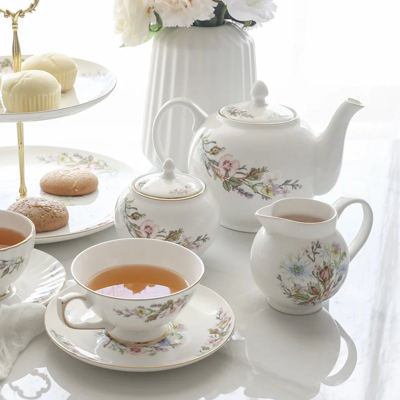 Afralia™ Bone China Tea Set: Teapot, Teacup, Saucer, Fruit Plate, Tray, Mugs & Tableware