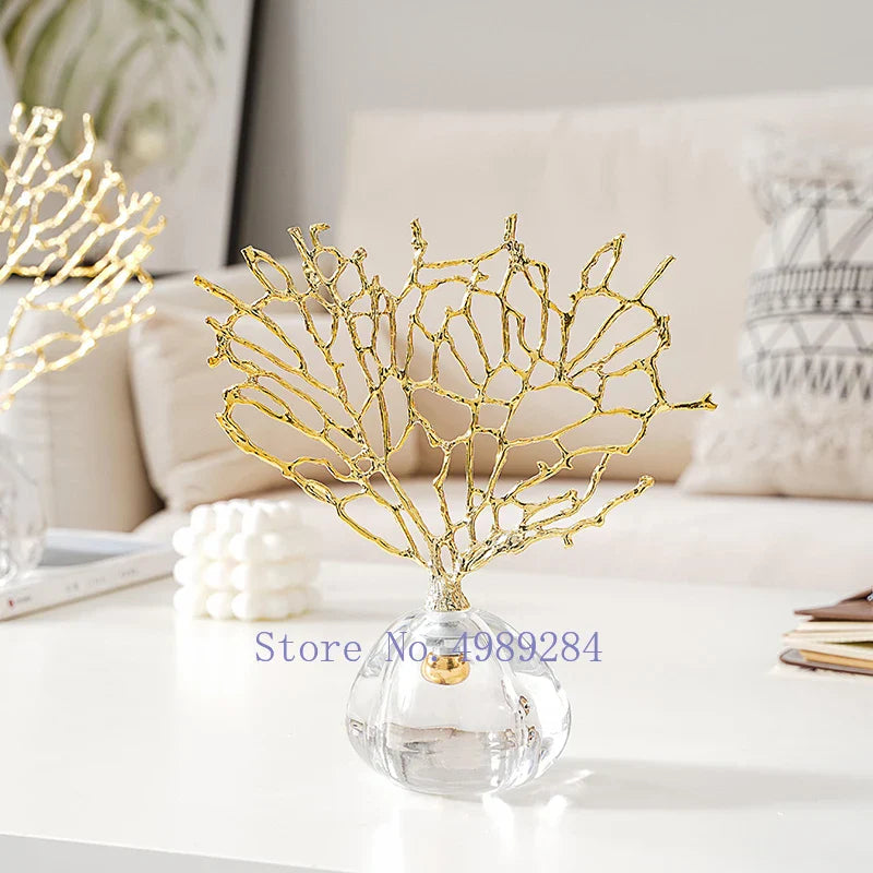 Afralia™ Crystal Metal Golden Coral Handicraft Home Decor for Modern Living Space