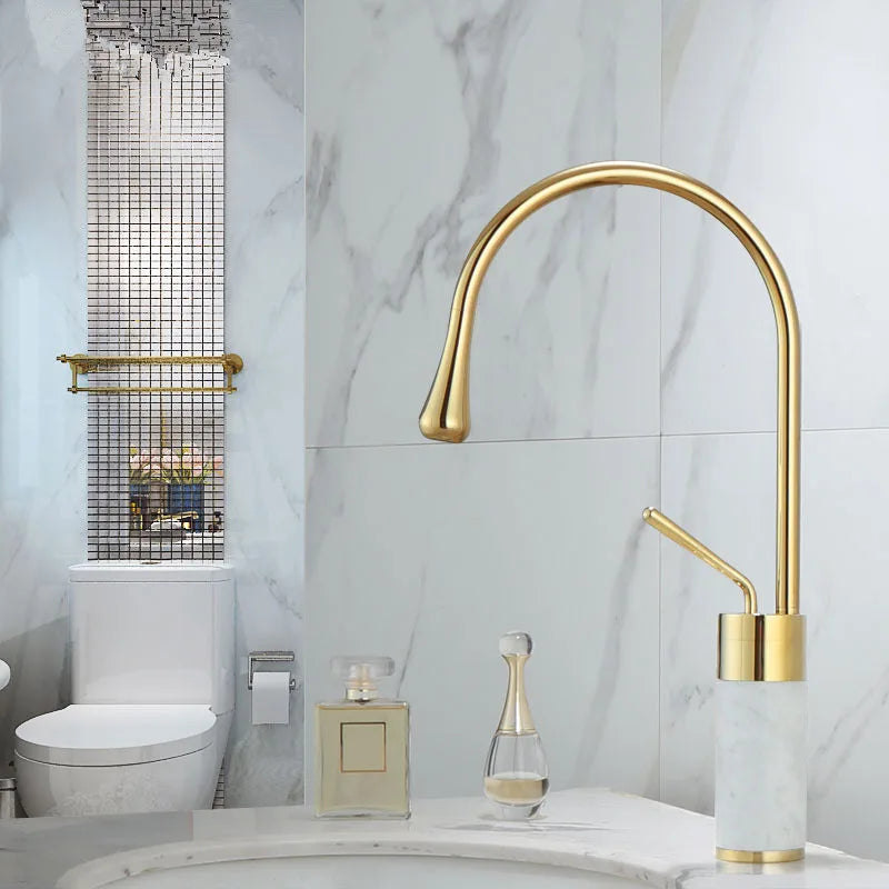 Afralia™ Gold & Marble Basin Faucet: Single Handle Swivel Sink Water Crane