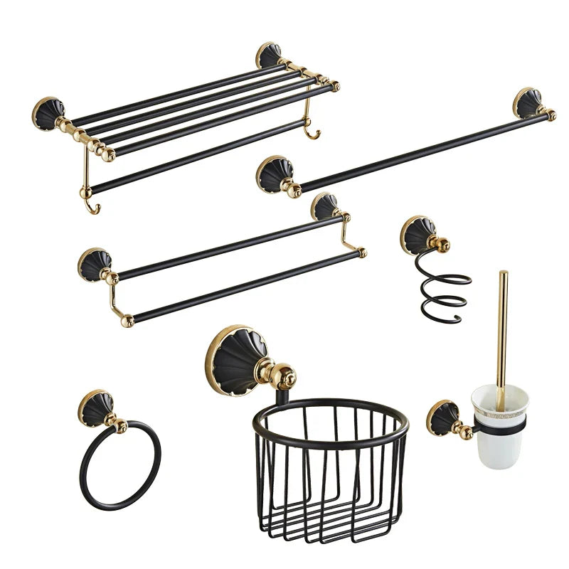 Afralia™ Gold Black Bathroom Accessories Set, Towel Bar, Toilet Brush Holder, Paper Holder