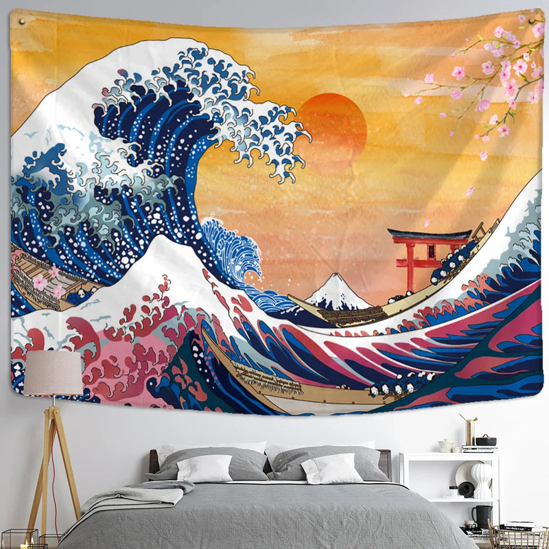 Afralia™ Kanagawa Waves Oil Painting Tapestry Wall Hanging, Bohemian Style Psychedelic Hippie Art