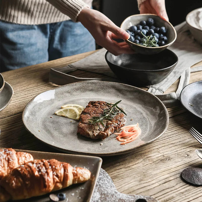 Afralia™ Retro Gray Ceramic Dinnerware Set - Japanese Style | Porcelain Dinner Plate, Rice Bowl, Food Tray