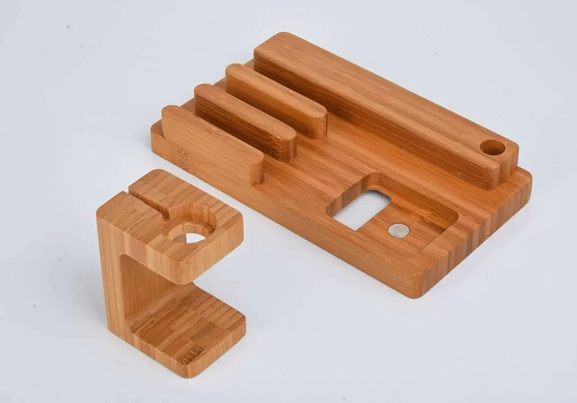 Afralia™ Bamboo Base 3-in-1 Charging Stand for Phone and Watch