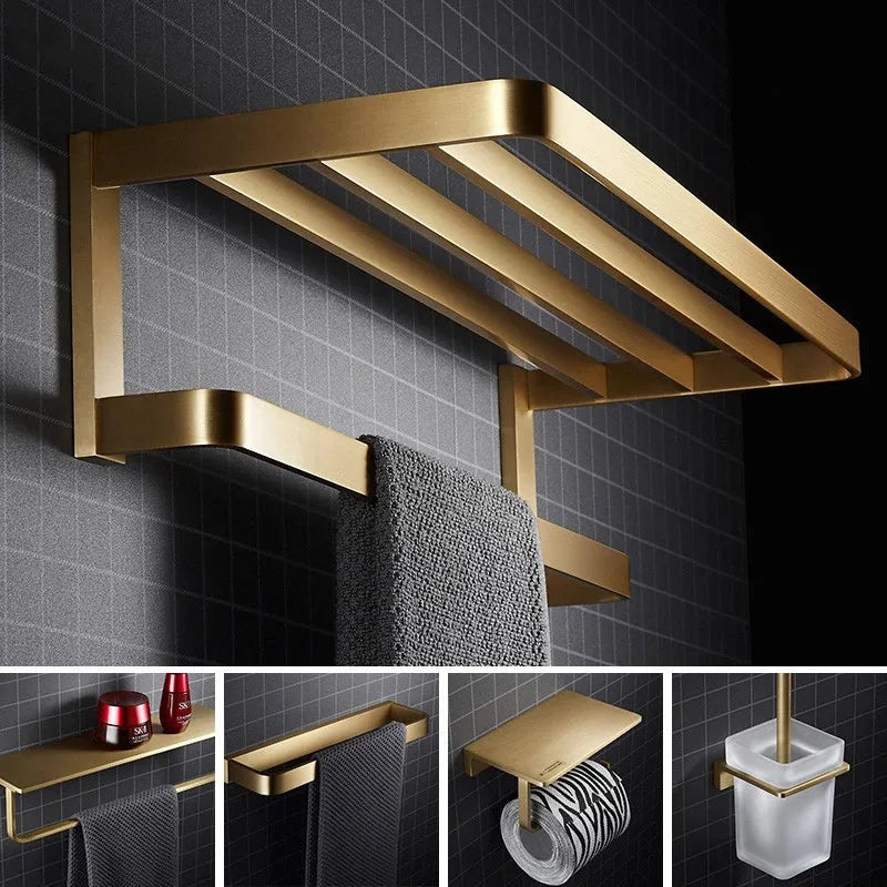 Afralia™ Brushed Gold Bathroom Hardware Set: Towel Rack, Corner Shelf, Paper Holder, Hook, Toilet Brush Holder