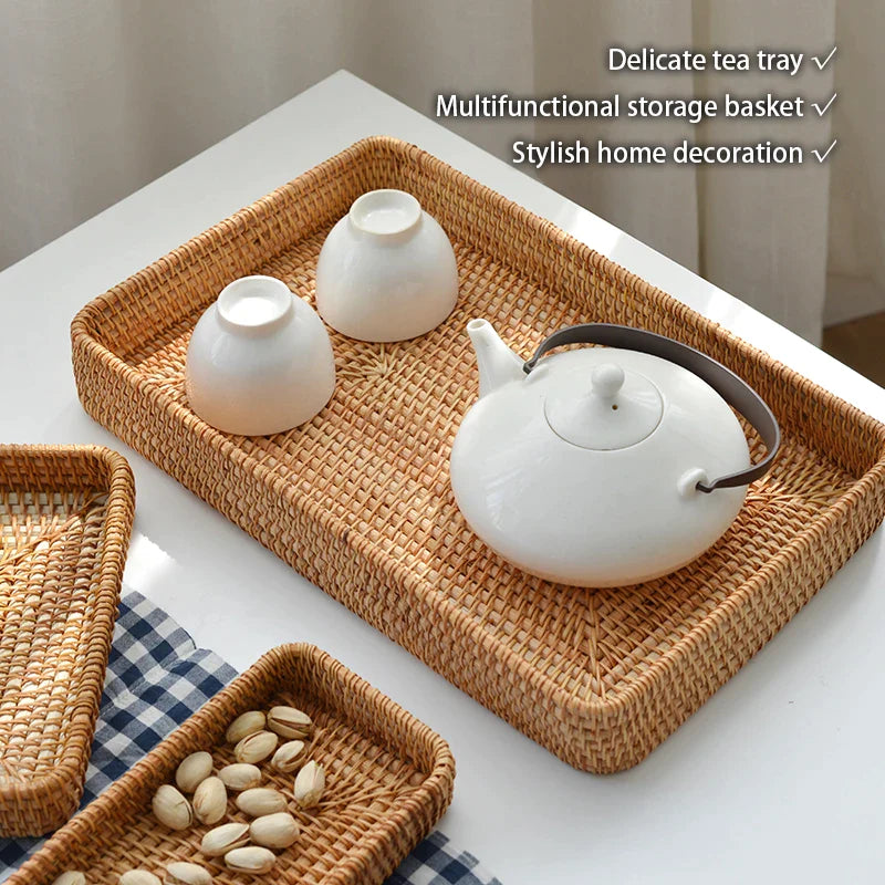 Afralia™ Rattan Storage Tray Square Wicker Basket Food Plate Platter Kitchen Decoration