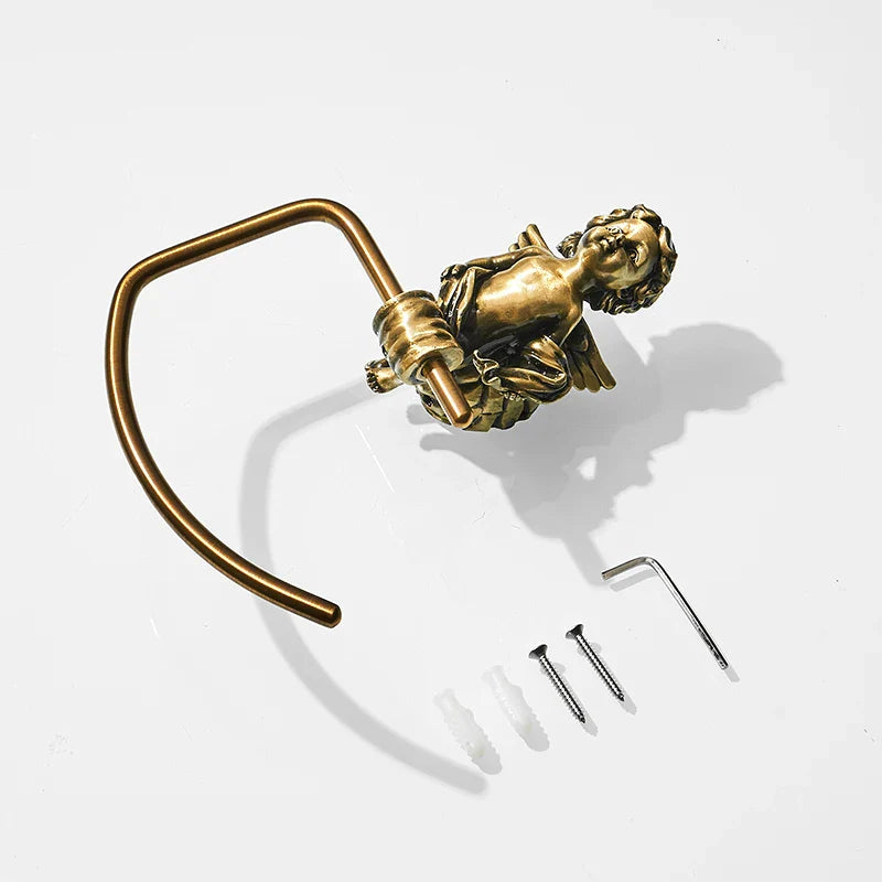 Afralia™ Gold Brass Angel Towel Ring Wall Rack for Bathroom - MB-0786B