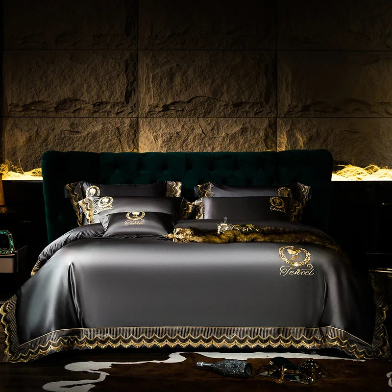 Luxury Brocade & Egyptian Cotton Embroidery Bedding Set by Afralia™ - Queen/King Size