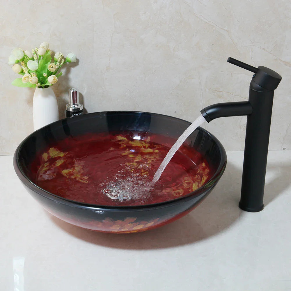 Afralia™ Hand-Painted Glass Sink Basin Vanity Set with ORB Faucets