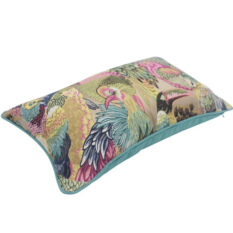 Afralia™ Neoclassical Parrot Flowers Embroidery Lumbar Pillow Cover 30x50cm