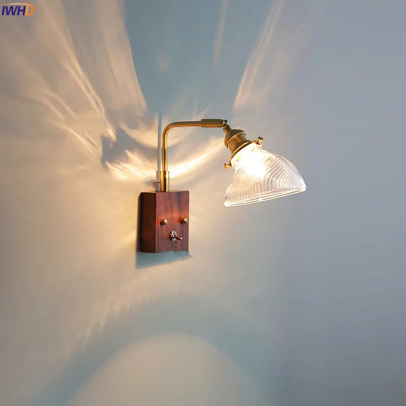 Afralia™ Walnut Wood Canopy LED Wall Lamp | Modern Copper Rotate Wandlamp