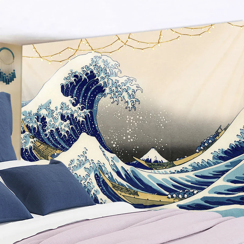 Afralia™ Kanagawa Waves Hanging Tapestry: Boho Sun Wall Tapestries, Bedspread, Yoga Mat