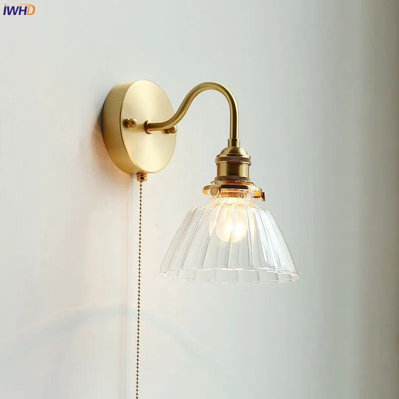 Afralia™ Nordic LED Wall Lamp Pull Chain Switch Glass Copper Sconce