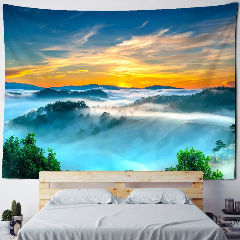 Afralia™ Sunrise Mountains Rivers Tapestry Wall Hanging Psychedelic Home Decor