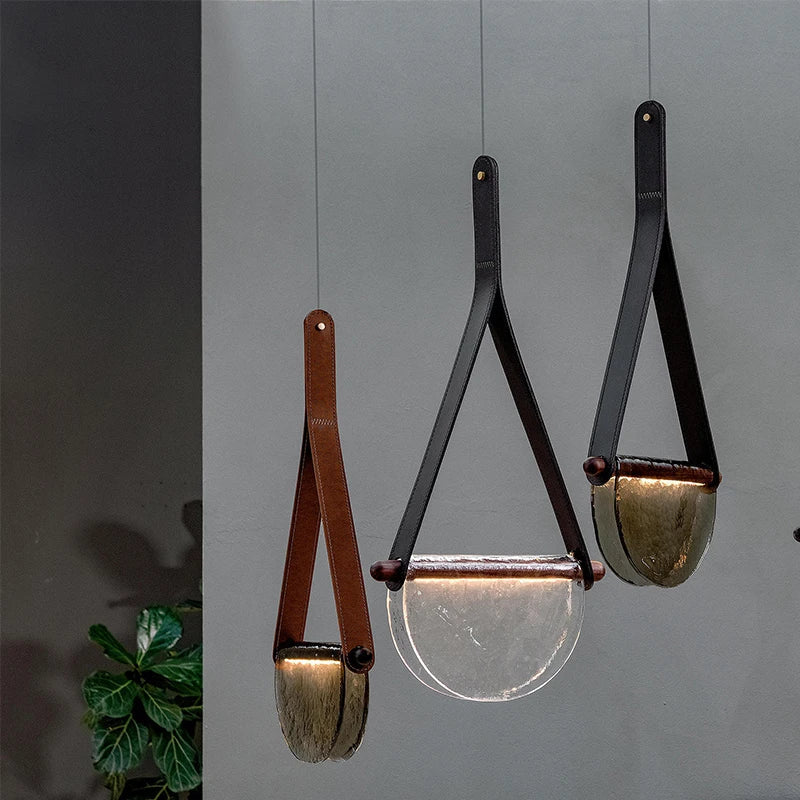 Afralia™ Handmade Leather Glass Pendant Lamp for Room Restaurant Bedside - Modern Style