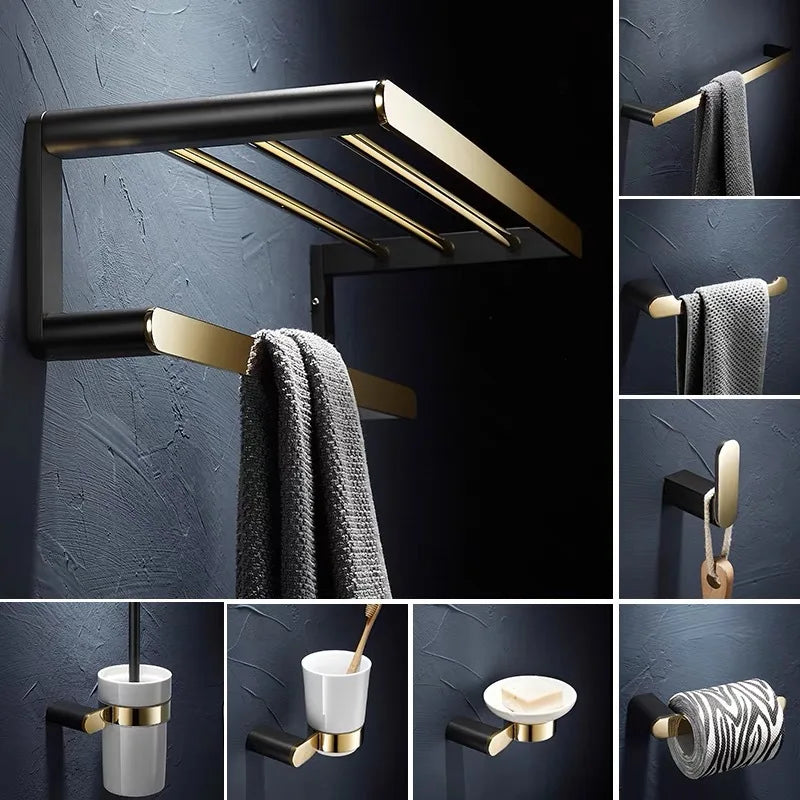 Afralia™ Gold & Black Bathroom Set - Shelf, Towel Rack, Holder, Brush Holder & More