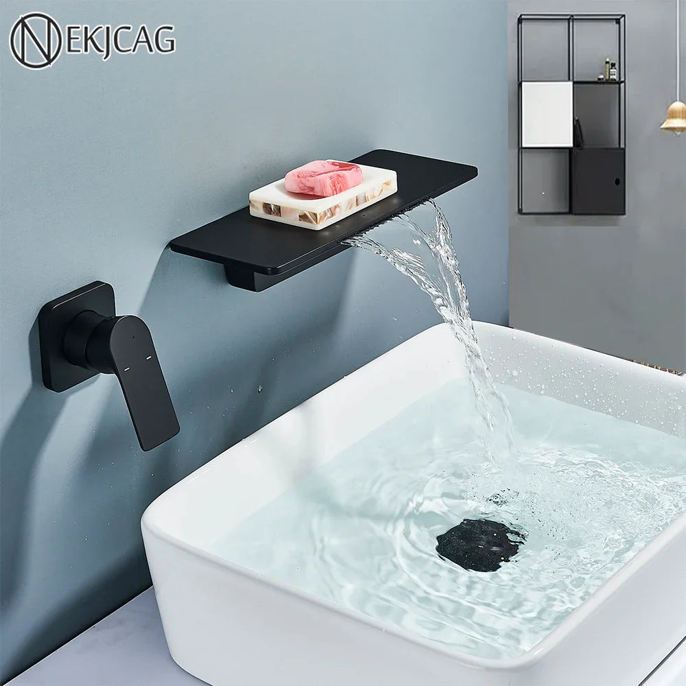 Afralia™ Matte Black Waterfall Sink Faucet Shelf Hot Cold Mixer Taps - Wall Mounted Brass Basin Faucet