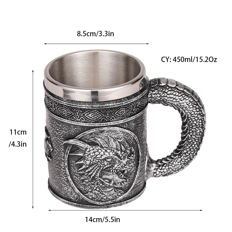 Afralia™ Silver Evil Dragon Beer Mug 450ml Retro Tankard Stainless Steel Cup