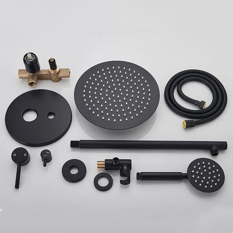 Afralia™ Matte Black Brass Round Bathroom Shower Faucet 2 Function Mixer Set