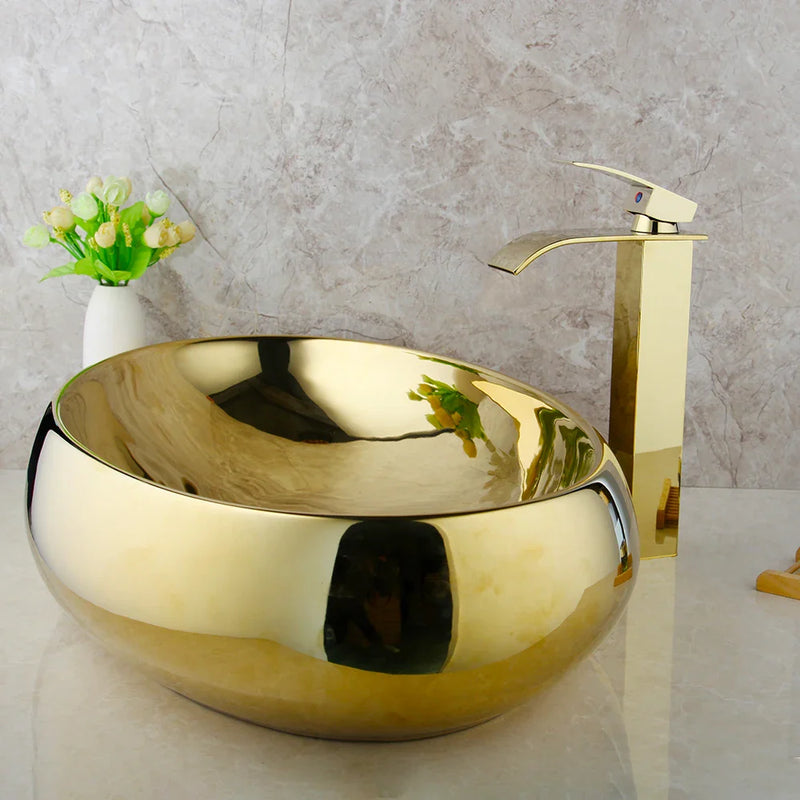 Afralia™ Golden Plated Ceramic Basin Sink & Faucet Tap Set with Pop Drain