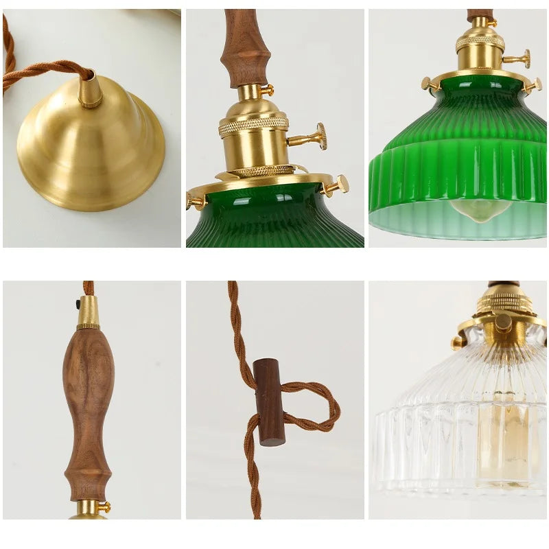 Afralia™ Modern Nordic Green Glass LED Pendant Light with Wood Hangle
